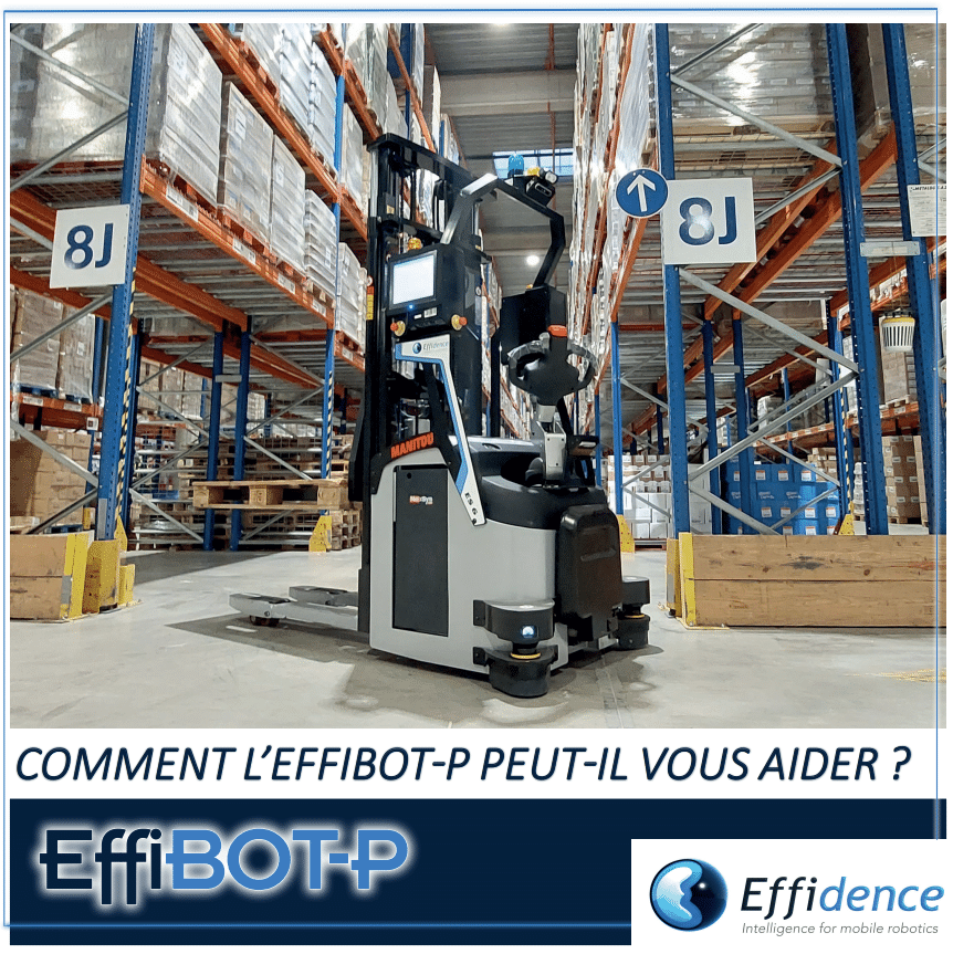 Le gerbeur robotisé EffiBOT-P est un assistant polyvalent qui transporte vos palettes (ouvertes ou fermées) jusqu'à 1.2 Tonnes.